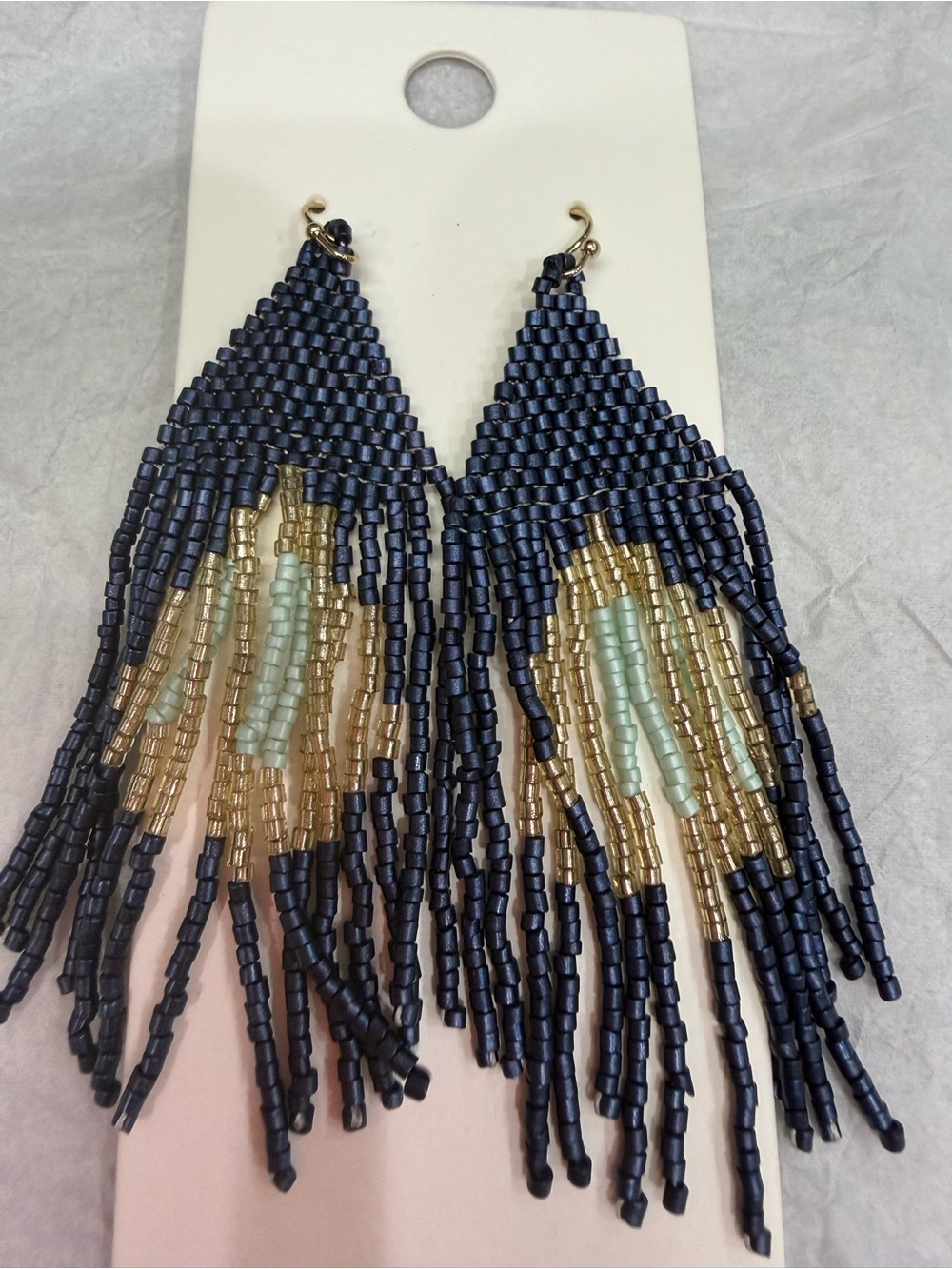 NWT Express Navy, Gold & Mint Beaded Fringe Drop Earrings